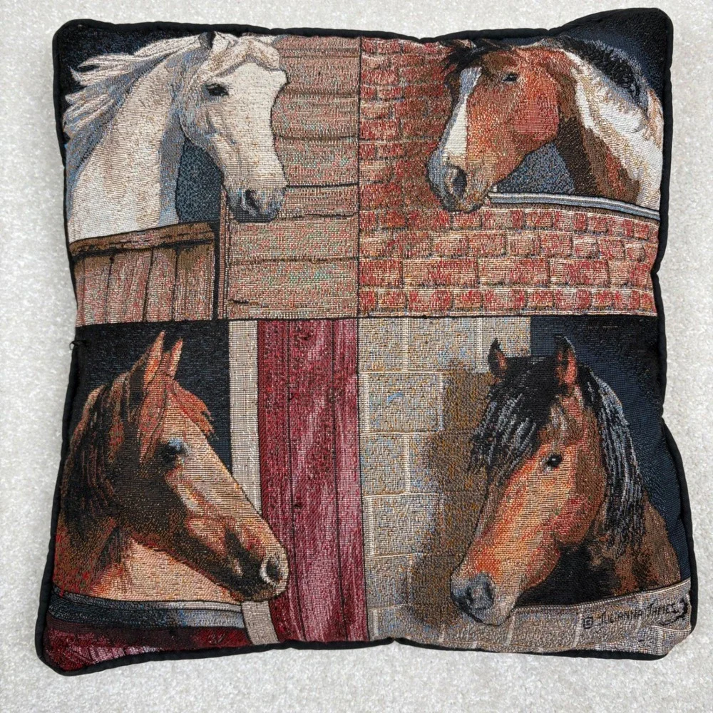 Julianna James Horse‎ Tapestry Throw Pillow Vtg 16x16 Equestrian Decor Black